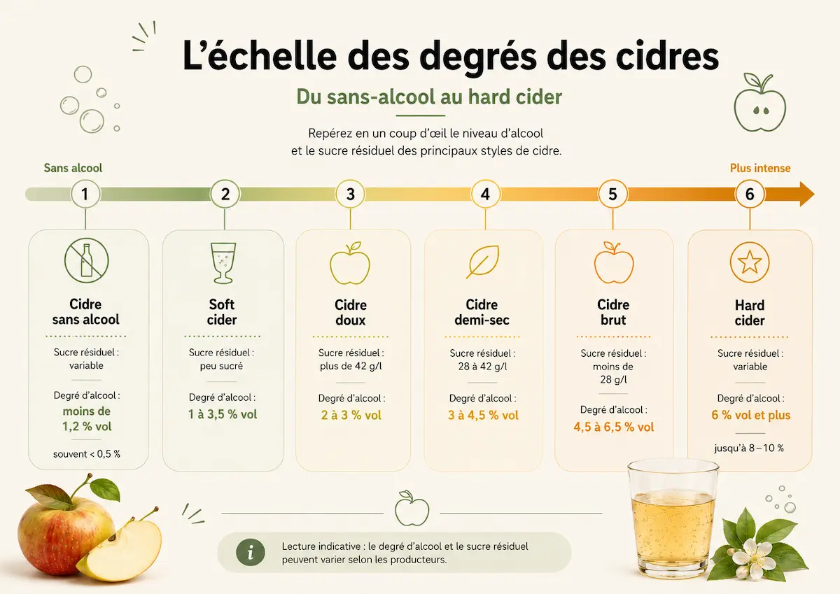 Infographie présentant les degrés d'alcool et niveau de sucre des différents types de cidres